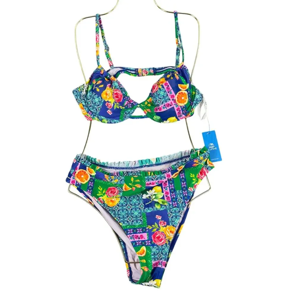 CUPSHE Citrus Floral Patchwork Swimsuit NWT Women's Large High Waist Bikini Set